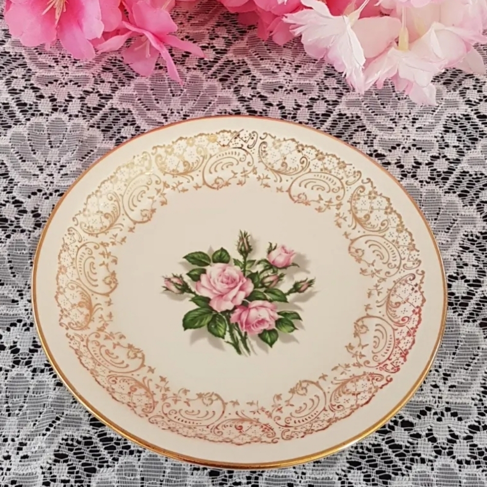 Vtg Georgian China Dessert Plates Set: Pink Tudor Rose, Gold Filigree - Crazing